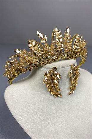 Honey Color Jabbah Bead Embroidered Bridal Henna Crown and Leaf Earrings
