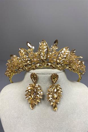 Honey Color Jabbah Bead Embroidered Bridal Henna Crown and Thin Shuttle Earrings