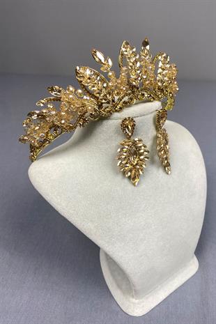 Honey Color Jabbah Bead Embroidered Bridal Henna Crown and Thin Shuttle Earrings