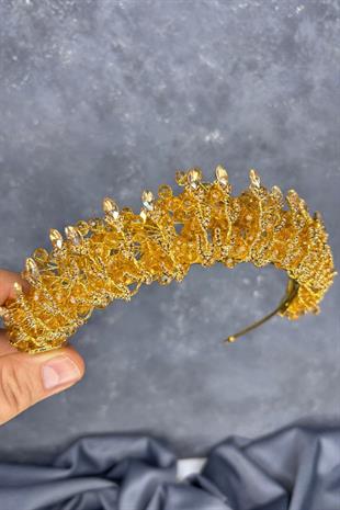 Bal Rengi Kristal Boncuk İşlemeli Buğlem Gelin Tacı