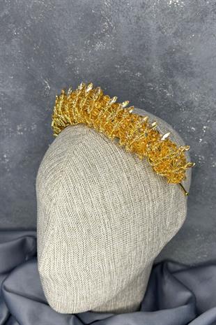 Bal Rengi Kristal Boncuk İşlemeli Buğlem Gelin Tacı