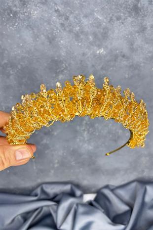 Bal Rengi Kristal Boncuk İşlemeli Buğlem Gelin Tacı