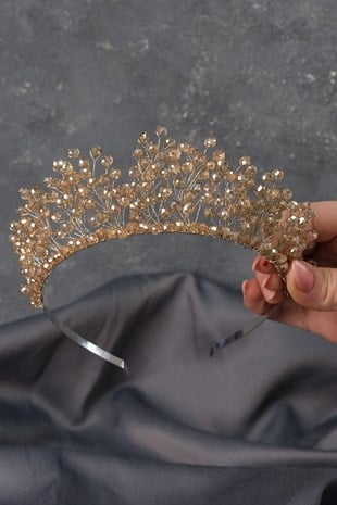 Bal Rengi Kristal Boncuklu Aren Gelin Kına Tacı