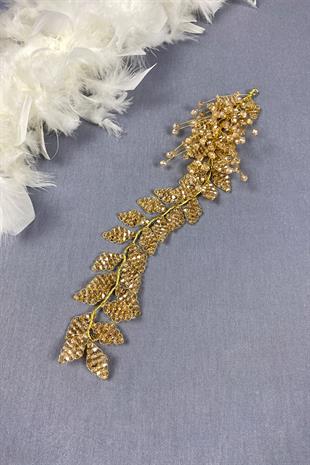 Bal Rengi Kristal Boncuklu İliz Gelin Saç Ve Türban Aksesuarı