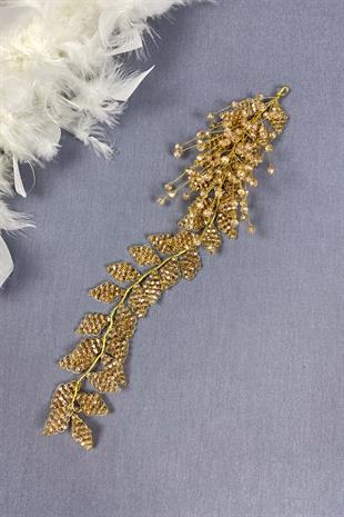 Bal Rengi Kristal Boncuklu İliz Gelin Saç Ve Türban Aksesuarı