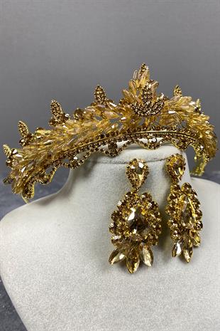 Honey Color Lena Crystal Bridal Henna Tiara and Stud Earrings Set