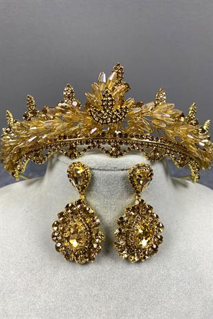 Honey Color Lena Crystal Bridal Henna Crown And Stone Earring Set