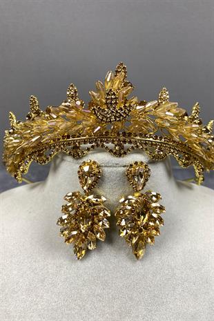 Honey Color Lena Crystal Bridal Henna Tiara and Earrings Set