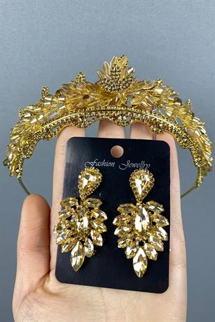 Honey Color Lena Crystal Bridal Henna Tiara and Earrings Set