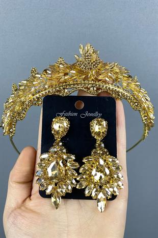 Honey Color Lena Crystal Bridal Henna Crown And Stone Earring Set
