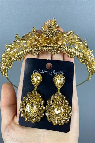 Honey Color Lena Crystal Bridal Henna Crown And Stone Earring Set