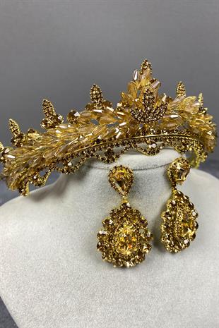 Honey Color Lena Crystal Bridal Henna Crown And Stone Earring Set