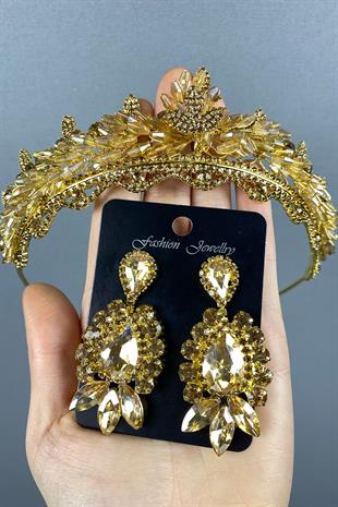 Honey Color Lena Crystal Bridal Henna Tiara and Stud Earrings Set