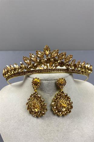 Honey Color Leyn Bridal Henna Crown and Almond Stone Earring Set