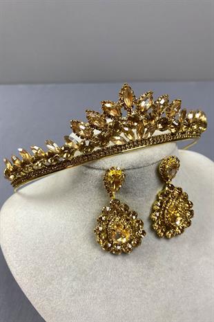 Honey Color Leyn Bridal Henna Crown and Almond Stone Earring Set