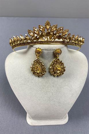 Honey Color Leyn Bridal Henna Crown and Almond Stone Earring Set