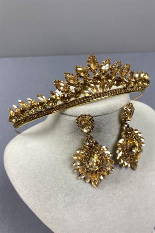 Honey Color Leyn Bridal Henna Crown and Drop Shuttle Earring Set