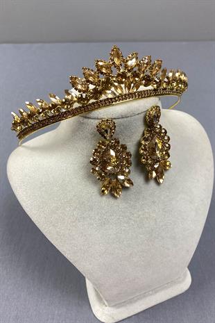 Honey Colored Leyn Bridal Henna Crown and Drop Stone Earring Set