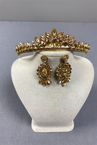 Honey Colored Leyn Bridal Henna Crown and Drop Stone Earring Set