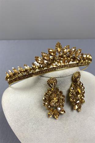 Honey Colored Leyn Bridal Henna Crown and Drop Stone Earring Set
