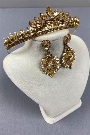 Honey Color Leyn Bridal Henna Crown and Drop Shuttle Earring Set