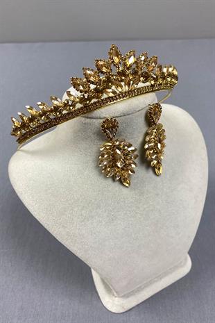 Honey Colored Leyn Bridal Henna Crown and Thin Shuttle Stone Earrings