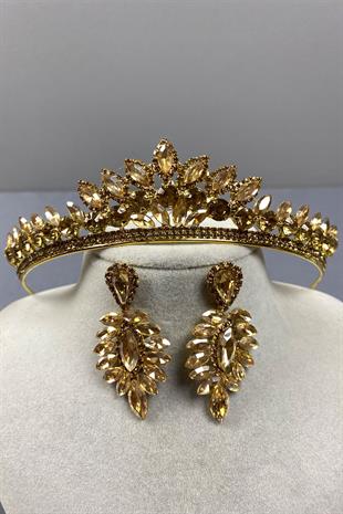 Honey Colored Leyn Bridal Henna Crown and Thin Shuttle Stone Earrings