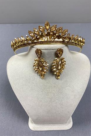 Honey Colored Leyn Bridal Henna Crown and Thin Shuttle Stone Earrings
