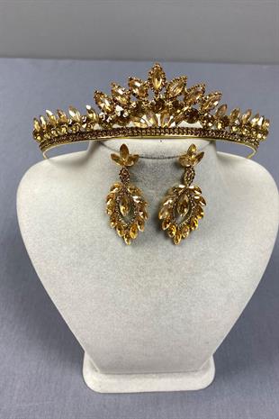Honey Color Leyn Bridal Henna Crown and Shuttle Stone Earrings