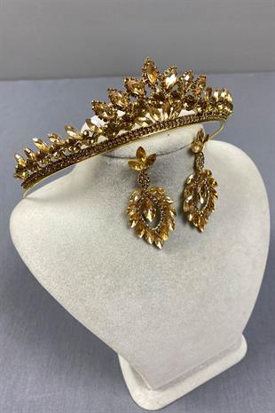 Honey Color Leyn Bridal Henna Crown and Shuttle Stone Earrings