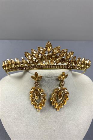 Honey Color Leyn Bridal Henna Crown and Shuttle Stone Earrings