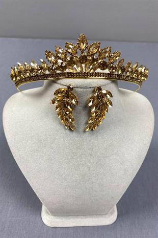 Honey Color Leyn Bridal Henna Crown and Leaf Stone Earring Set