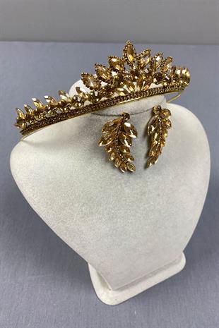 Honey Color Leyn Bridal Henna Crown and Leaf Stone Earring Set