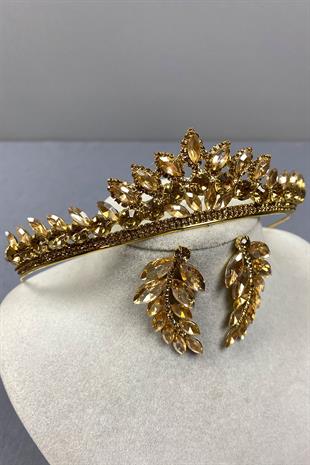Honey Color Leyn Bridal Henna Crown and Leaf Stone Earring Set