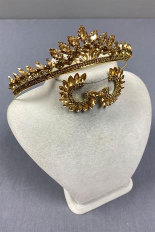 Honey Color Leyn Bridal Henna Crown and Round Stone Earring Set