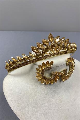 Honey Color Leyn Bridal Henna Crown and Round Stone Earring Set