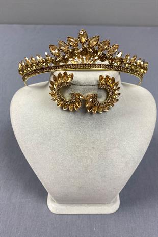 Honey Color Leyn Bridal Henna Crown and Round Stone Earring Set