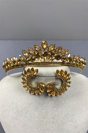 Honey Color Leyn Bridal Henna Crown and Round Stone Earring Set
