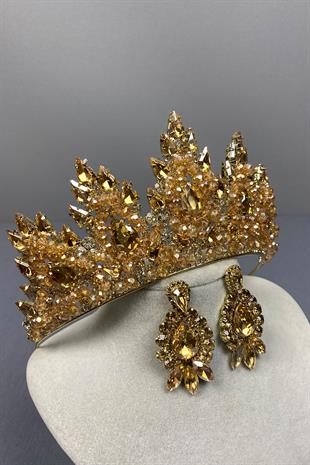 Honey Color Lotus Bead Embroidered Bridal Henna Crown and Shuttle Earring Set