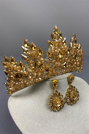 Honey Color Lotus Bead Embroidered Bridal Henna Crown and Shuttle Earring Set