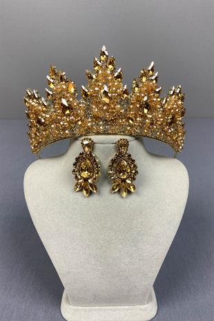 Honey Color Lotus Bead Embroidered Bridal Henna Crown and Shuttle Earring Set