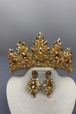 Honey Color Lotus Bead Embroidered Bridal Henna Crown and Shuttle Earring Set