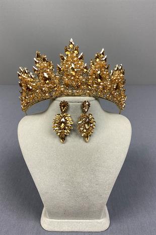 Honey Color Lotus Bead Embroidered Bridal Henna Crown and Shuttle Earring Set