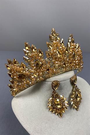 Honey Colored Lotus Bead Embroidered Bridal Henna Crown and Drop Stone Earring Set