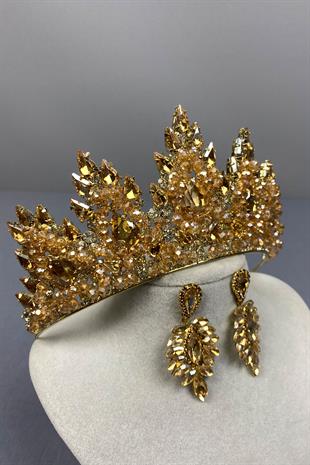 Honey Color Lotus Bead Embroidered Bridal Henna Crown and Shuttle Earring Set