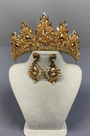 Honey Colored Lotus Bead Embroidered Bridal Henna Crown and Drop Stone Earring Set