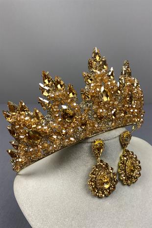 Honey Color Lotus Bead Embroidered Bridal Henna Crown and Shuttle Earring Set