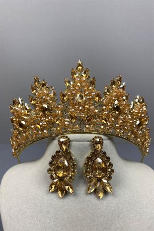 Honey Color Lotus Bead Embroidered Bridal Henna Crown and Shuttle Earring Set