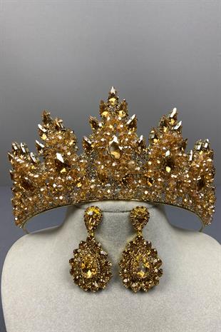 Honey Color Lotus Bead Embroidered Bridal Henna Crown and Shuttle Earring Set