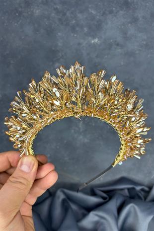 Honey Color Maria Heavily Embroidered Crystal Bridal Henna Crown Hair Accessory